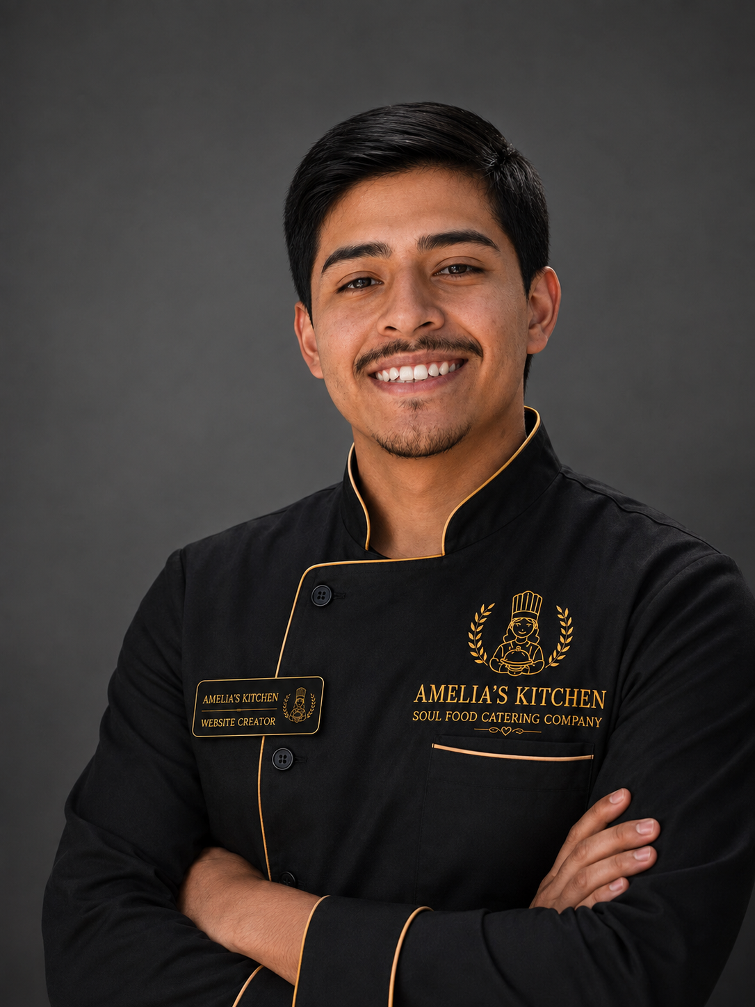 Portrait of Alejandro in an Amelia's Kitchen chef uniform