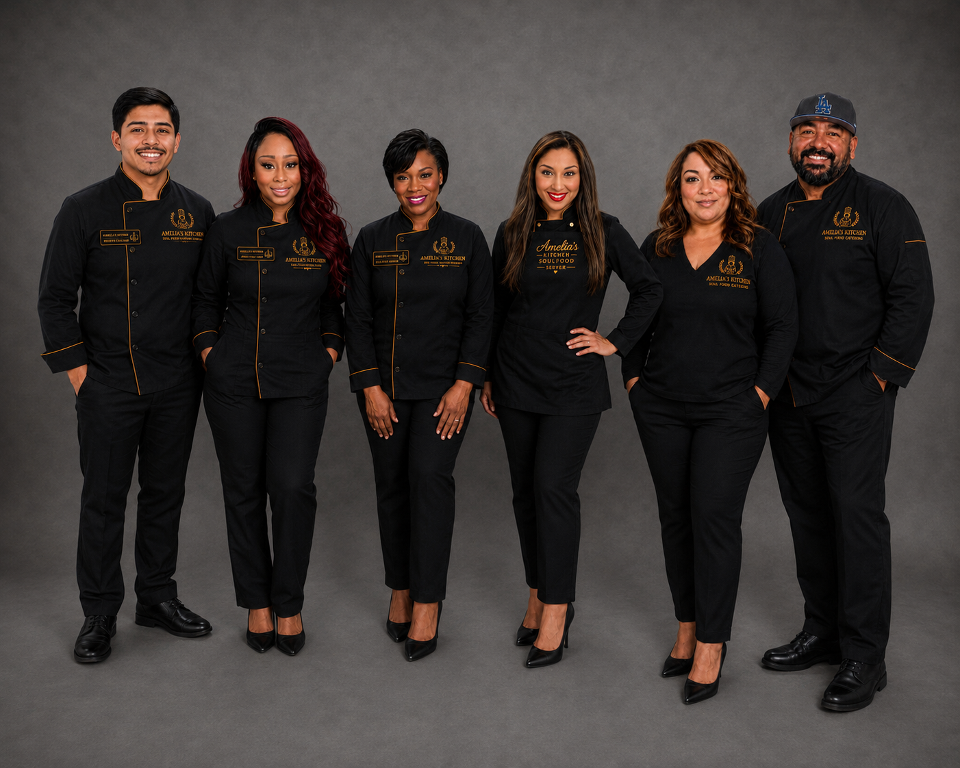Group portrait of six Amelia's Kitchen team members in chef uniforms