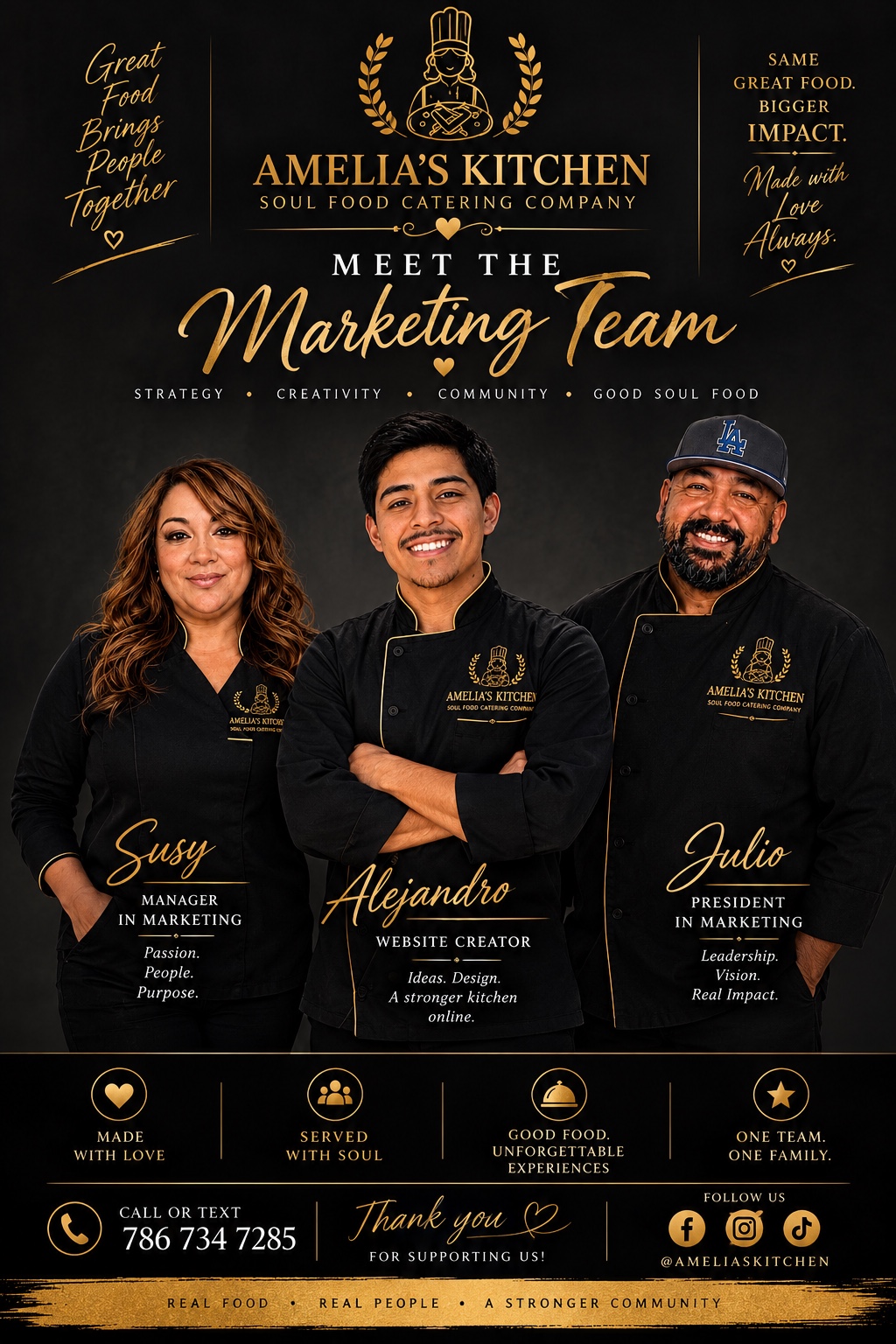 Illustrative Marketing Team graphic featuring Susy, Alejandro, and Julio